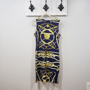 J McLaughlin Dress M Navy Gold Chain Print Preppy